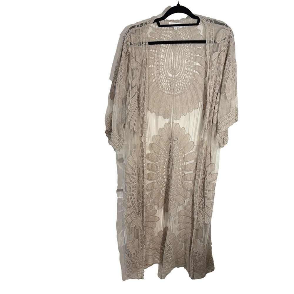 Beige Lace Kimono Duster Sheer Boho Cover Up Lightweight - Picture 2 of 7